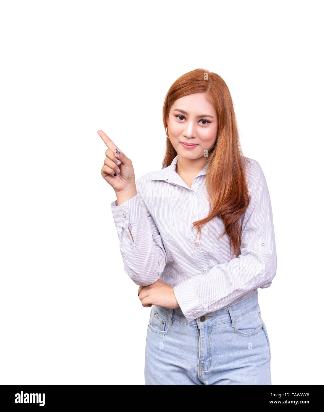 smiling Asian woman showing empty copy space with pointing finger isolated on white background with clipping path Stock Photo