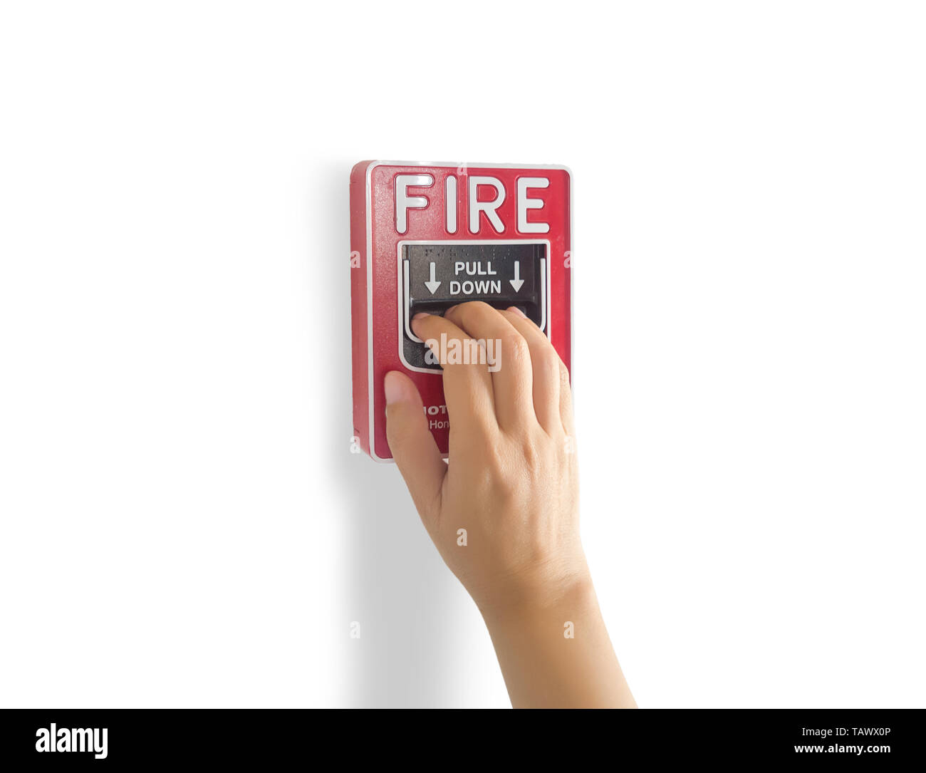 fire alarm notification appliance, hand pull down fire alarm system switch on the wall by manual for making a loud noise that gives warning of a fire  Stock Photo