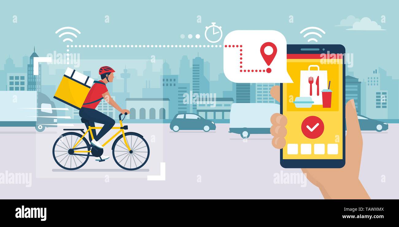 Food delivery app on a smartphone tracking a delivery man on a bicycle carrying a ready meal, technology and logistics concept, city skyline in the ba Stock Vector