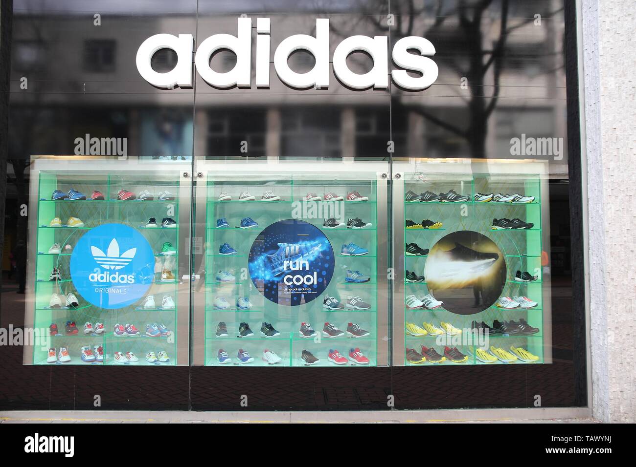 BIRMINGHAM, UK - APRIL 19, 2013: Adidas sport fashion store in Birmingham,  UK. Adidas corporation exists since 1924 and had EUR 14.5bn revenue in 2012  Stock Photo - Alamy