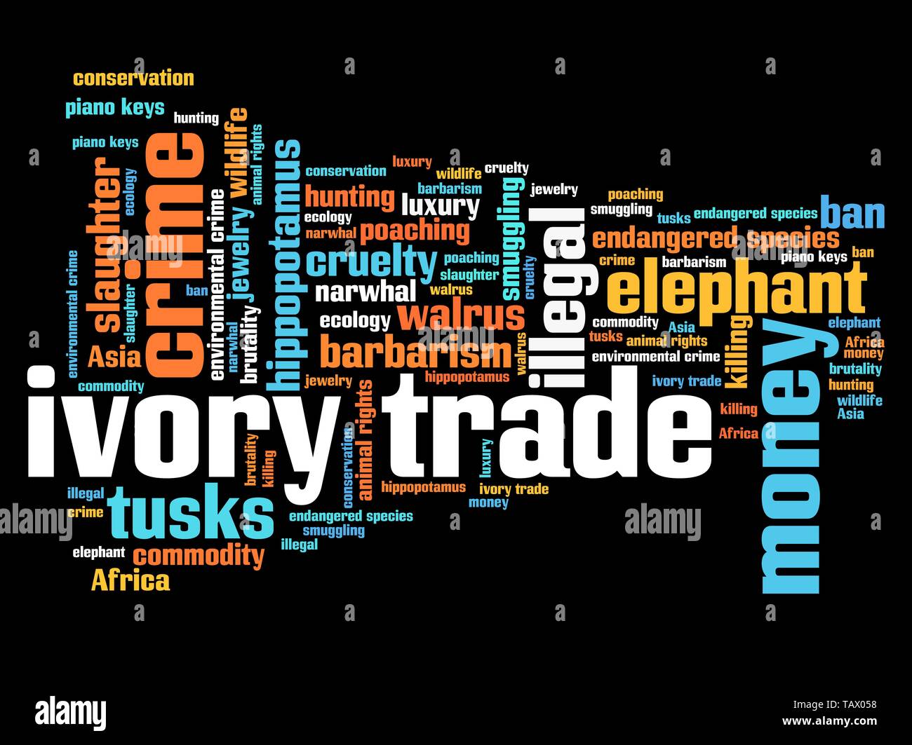 Ivory trade - environmental crime issues and concepts word cloud illustration. Word collage concept. Stock Photo