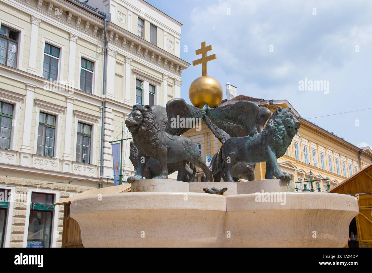 Lion fountain, Klaus square, Szeged, Hungary, Europe Stock Photo