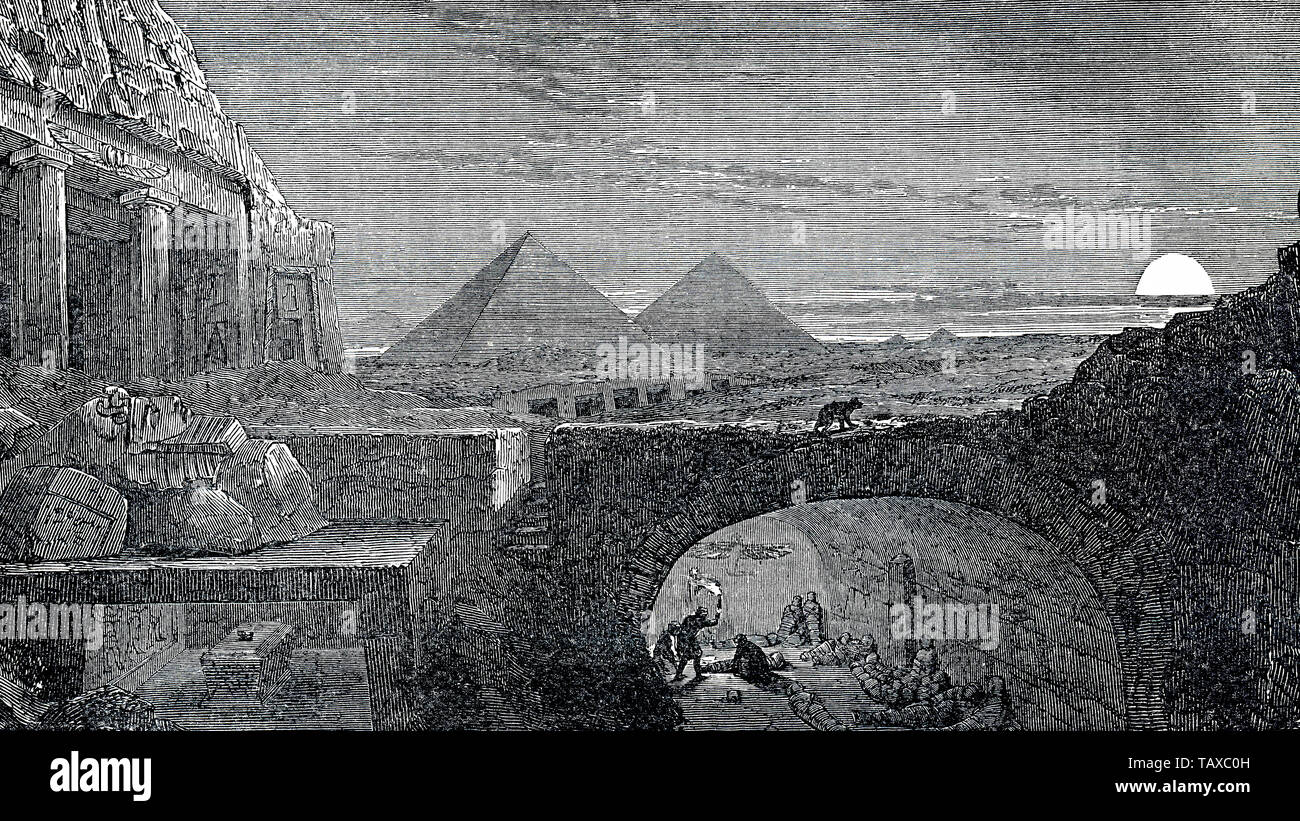 Pyramids and catacombs with mummies at night, Cairo, Egypt, historic engraving from 19th Century, Die Pyramiden und Katakomben mit Mumien bei Nacht, Kairo, Ägypten, historischer Stich aus dem 19. Jahrhundert Stock Photo