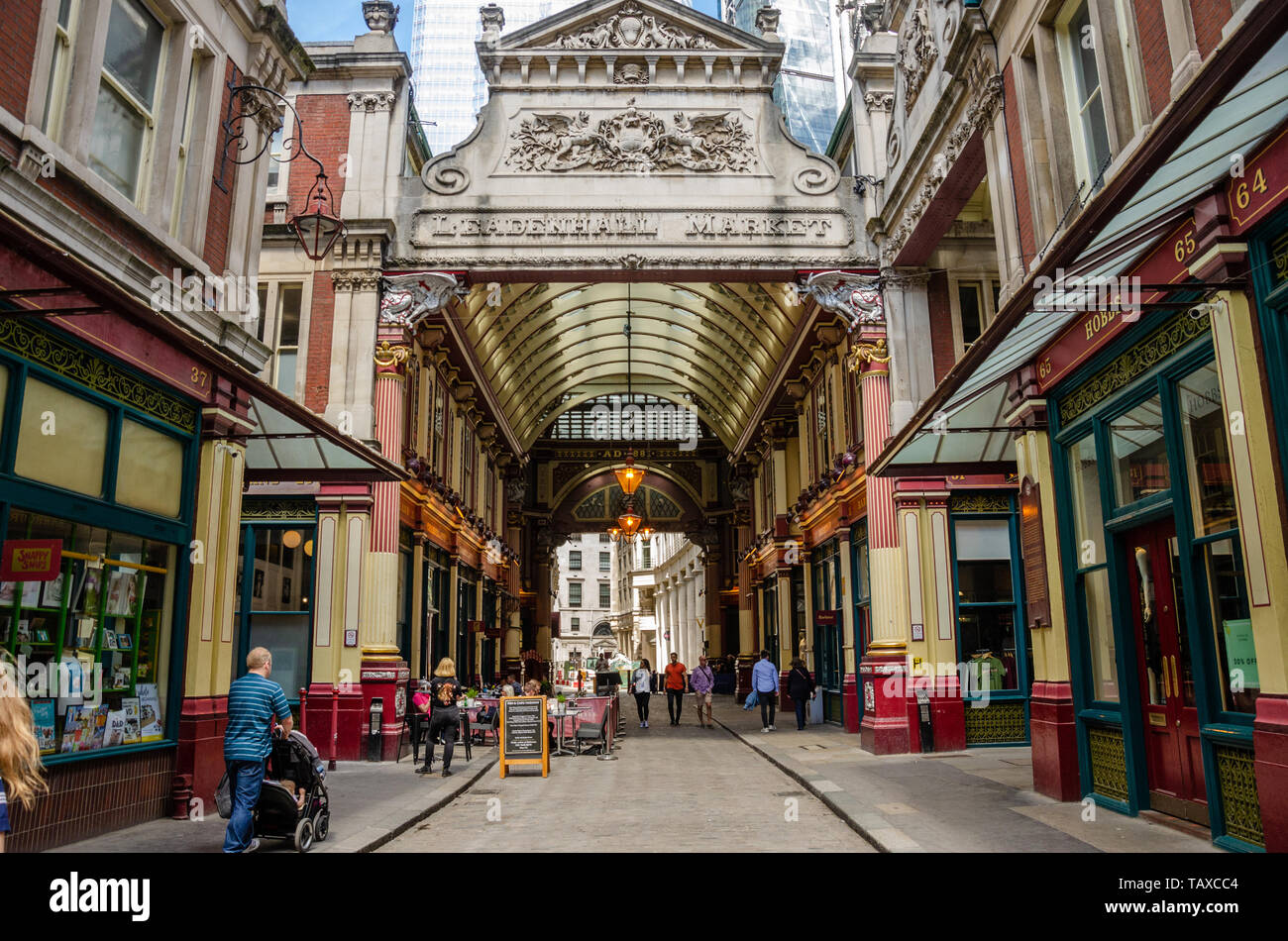 The Leadenhall Market is a 14th Century covered market with vaulted ceilings in the financial district of The City of London. Stock Photo