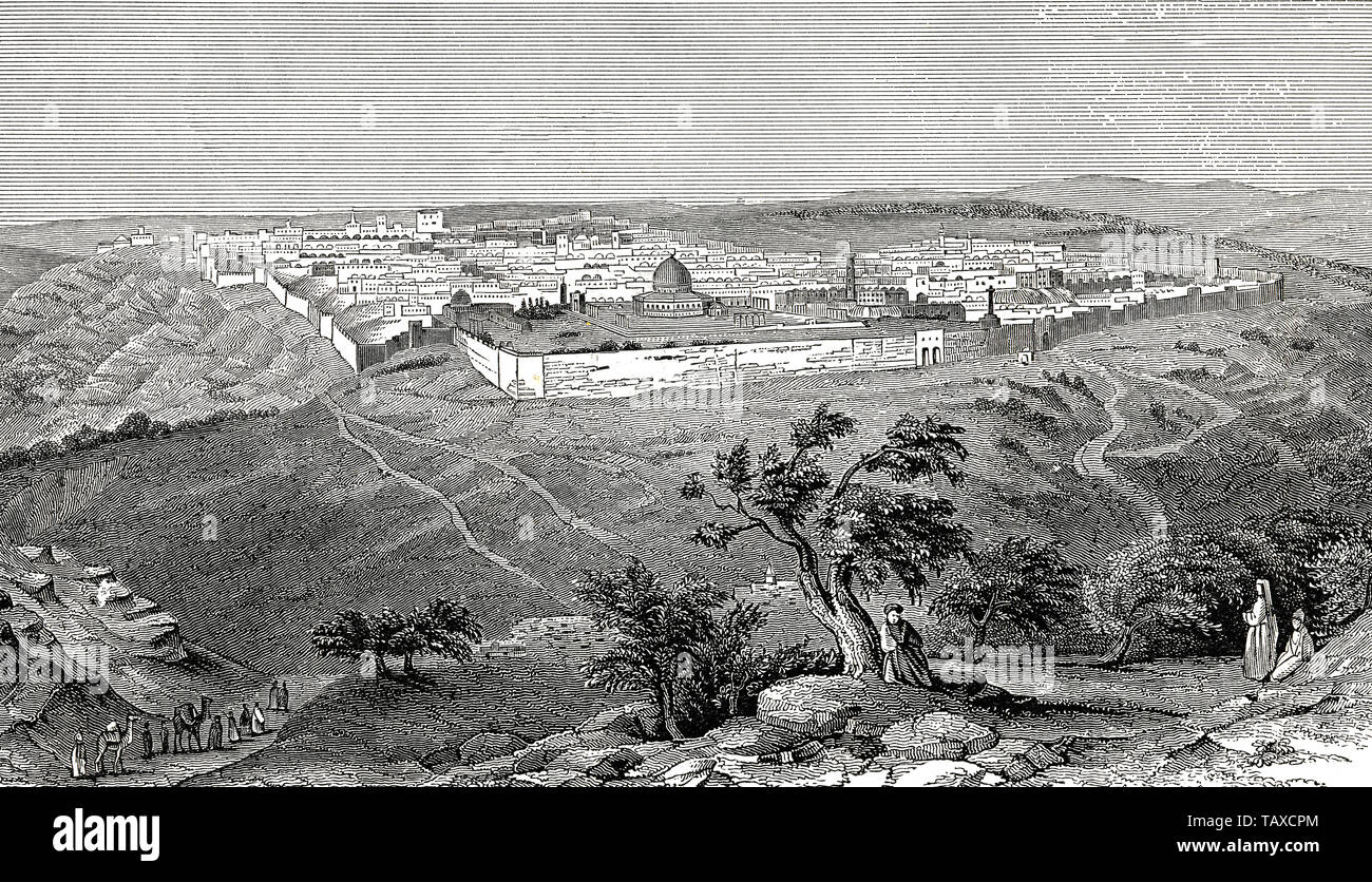 Cityscape of Jerusalem, Israel, historic engraving from the 19th Century, Stadtansicht von Jerusalem, Israel, historischer Stich aus dem 19. Jahrhundert Stock Photo