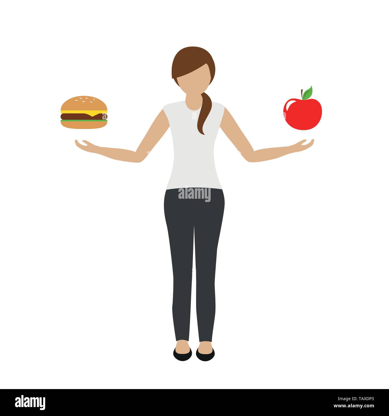 woman holds burger in one and apple in the other hand food concept vector illustration EPS10 Stock Vector