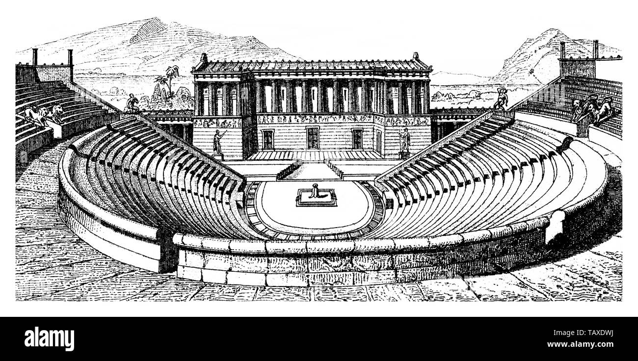 theatre in Segesta, Sicily, Italy, Historische, zeichnerische Darstellung, das Theater in Segesta, Sizilien, Italien, 2. Jahrhundert v. Chr., Stock Photo