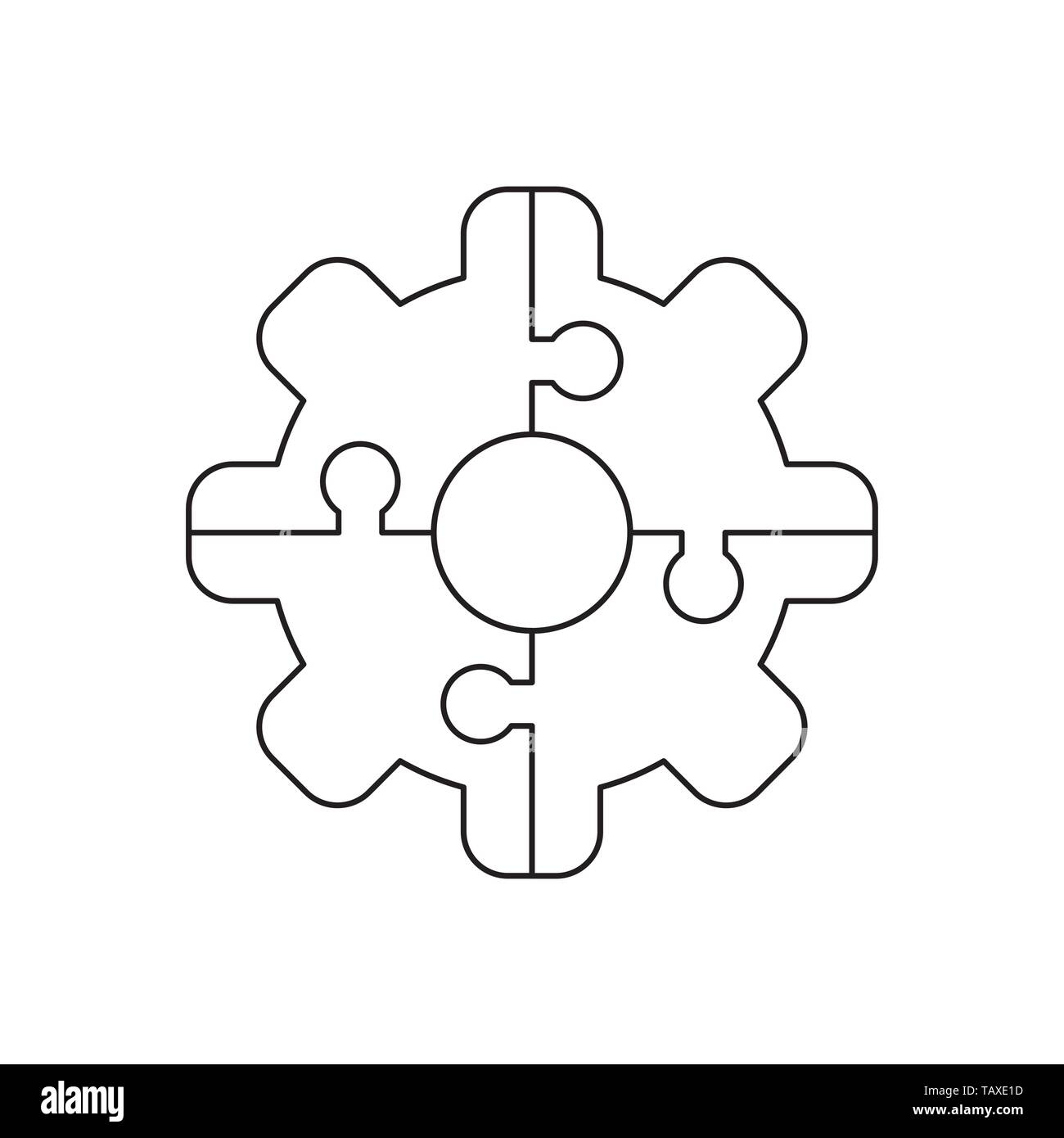 Vector icon concept of jigsaw puzzle pieces gear connected. Black