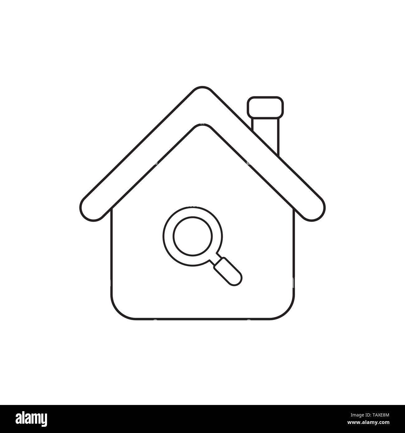 Vector icon concept of house and magnifying glass. Black outlines. Stock Vector
