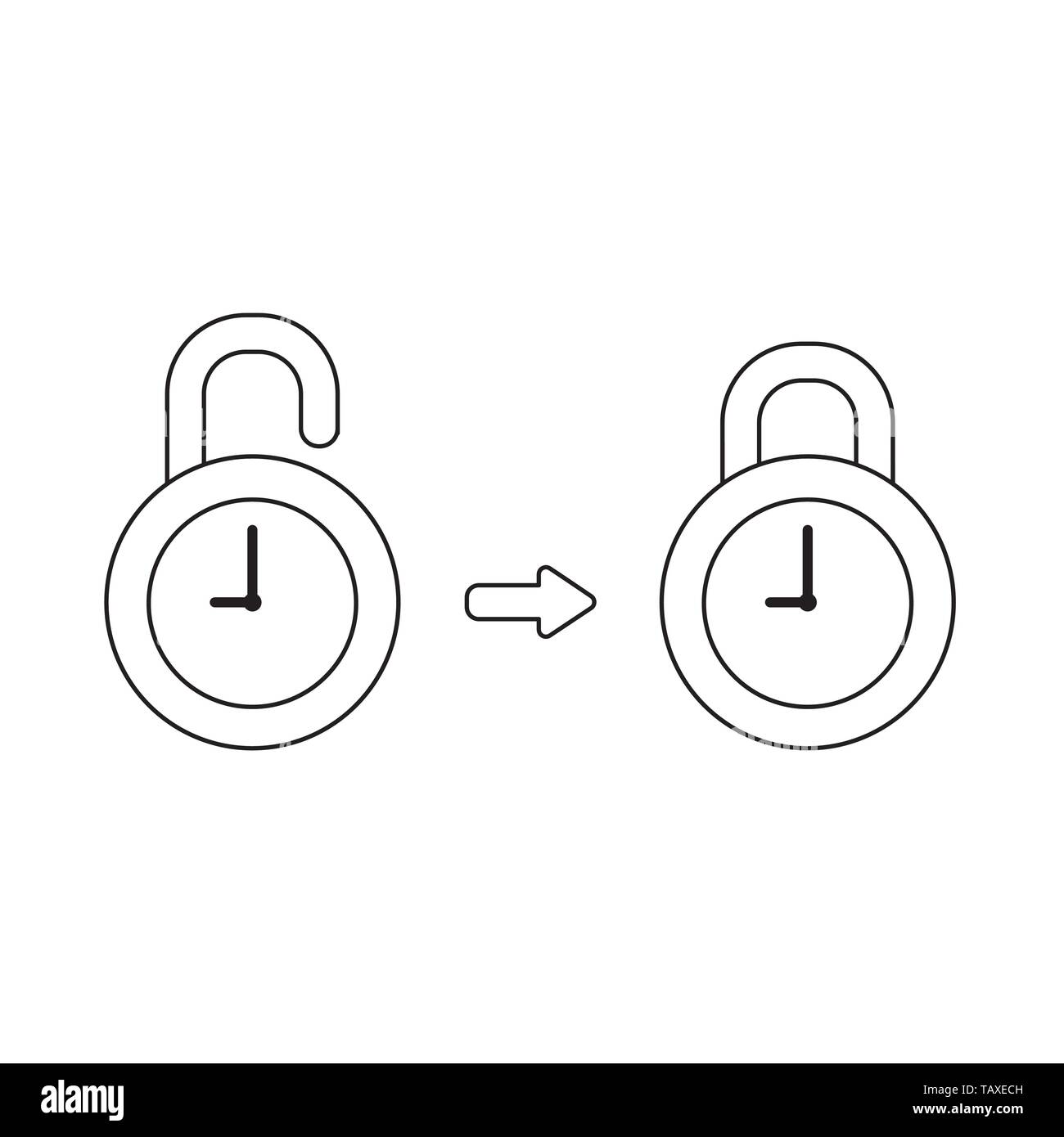 Vector icon concept of opened, closed clock padlocks. Black outlines ...