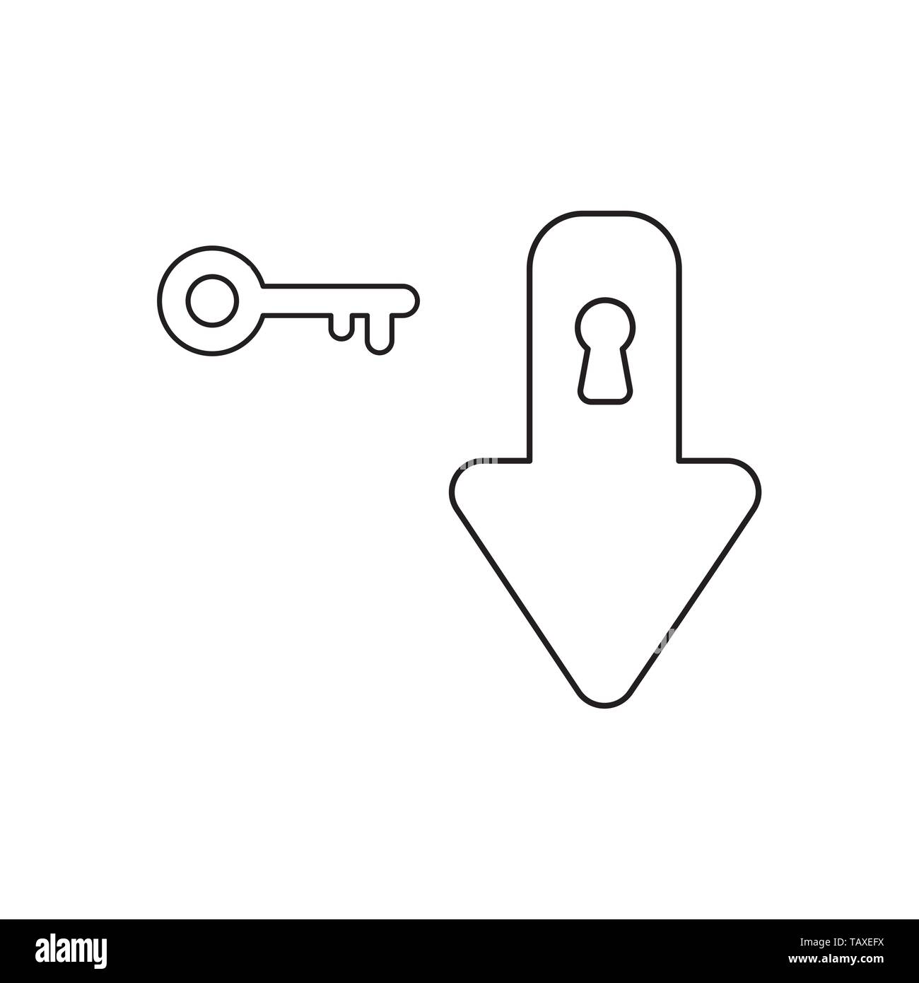 Vector icon concept of arrow down with keyhole and key. Black outlines. Stock Vector