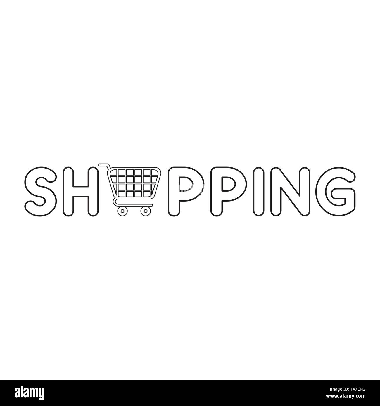 Vector icon concept of shopping word with shopping cart. Black outlines