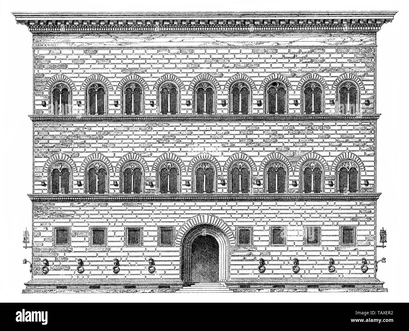 Palazzo Strozzi, Renaissance palace in Florence, Italy, 15th Century, Historische, zeichnerische Darstellung, Der Palazzo Strozzi, ein Renaissancepalast in Florenz, Italien, 15. Jahrhundert, aus Meyers Konversations-Lexikon, 1889 Stock Photo