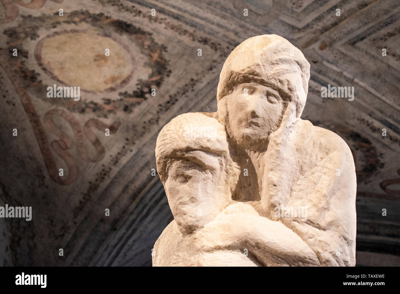 Sforza Castle, museum, Milan: details of The Rondanini Pietà, sculpture that Michelangelo Buonarroti worked on from 1552 until his death in 1564 Stock Photo