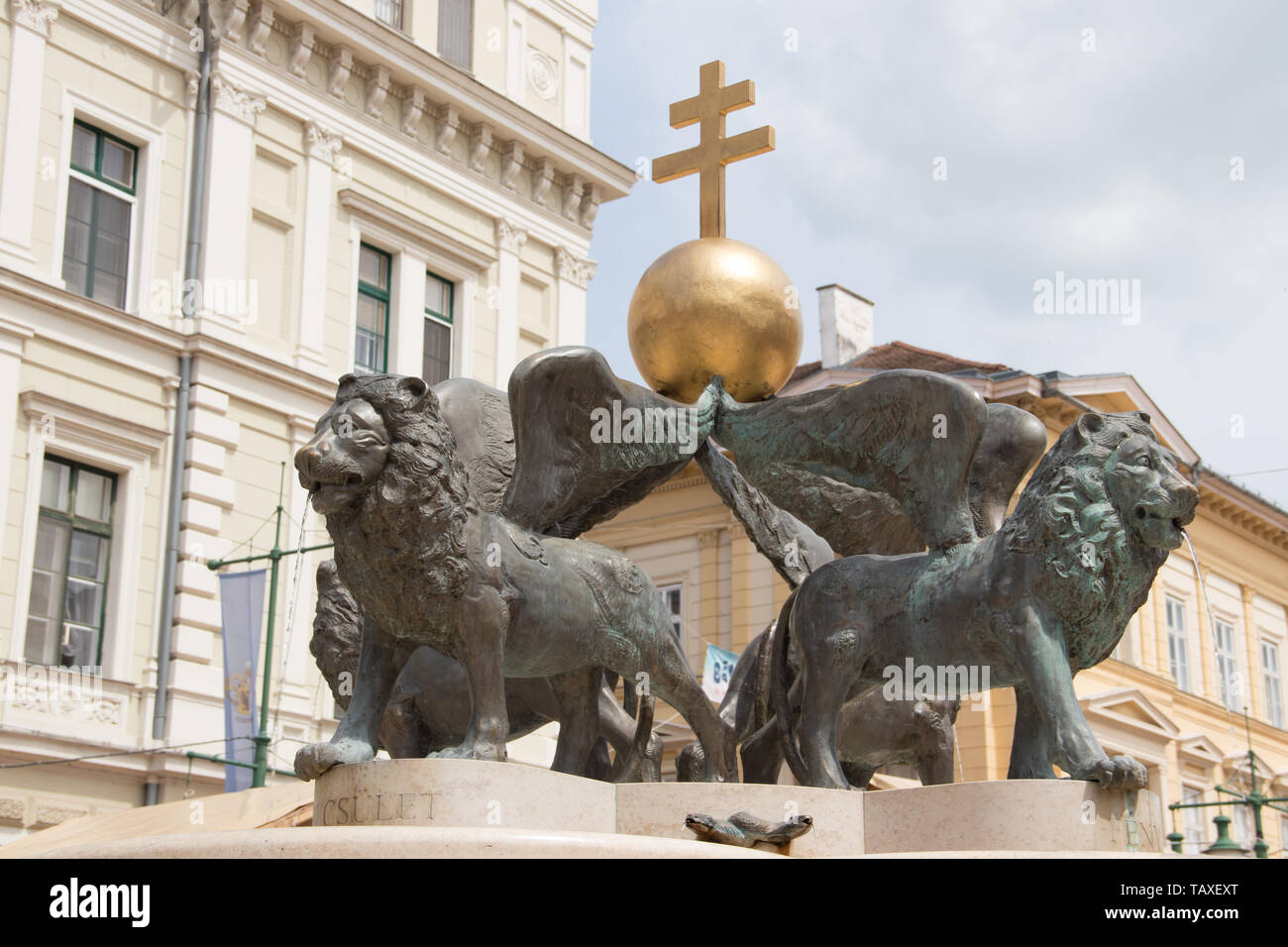 Lion fountain, Klaus square, Szeged, Hungary, Europe, free water for drinking Stock Photo