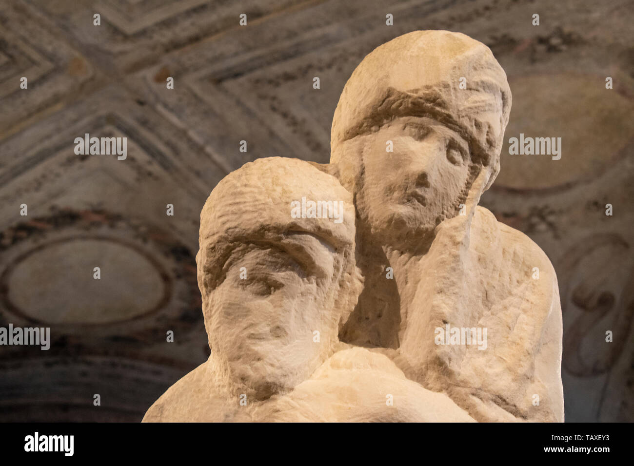 Sforza Castle, museum, Milan: details of The Rondanini Pietà, sculpture that Michelangelo Buonarroti worked on from 1552 until his death in 1564 Stock Photo