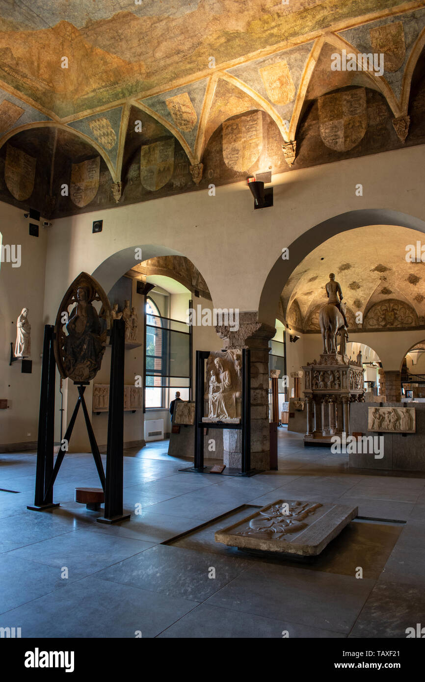 Milan, Museum of ancient art, Sforza Castle: view of the Chancellery Hall housing works ranging from the early Christian age to the sixteenth century Stock Photo