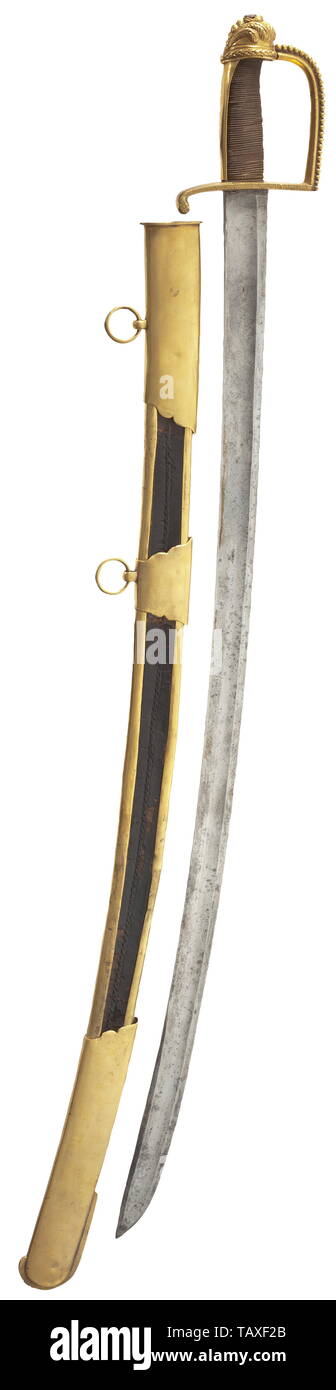 A sabre for generals, Directory Period, Broad widely fullered blade, the gilt knuckle bow hilt with helmed pommel, the guard with a beaded pearl decor, the quillon with floral engraving, copper wire grip wrap. Blackened leather scabbard with gilt fittings in relief, the ornamentation consisting of trophies, flambeaus and a sun-head, two carry rings, gilding refreshed. Length 104 cm. Provenance: Collection of Carl Beck (1894 - 1982), Sursee. 18th century, Europe, historic, historical, Additional-Rights-Clearance-Info-Not-Available Stock Photo