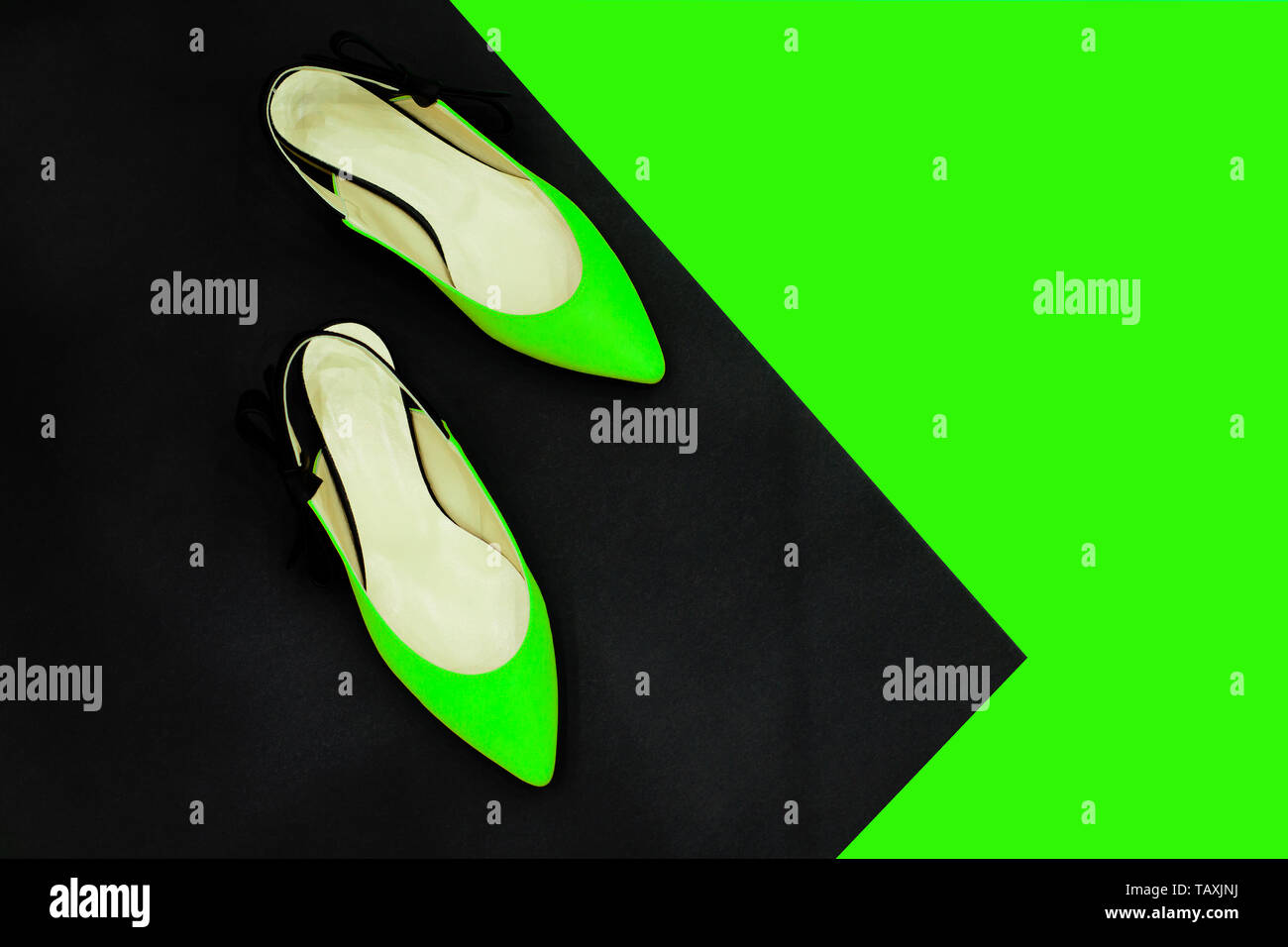 Neon green black summer shoes. Summer girl outfit luxury party