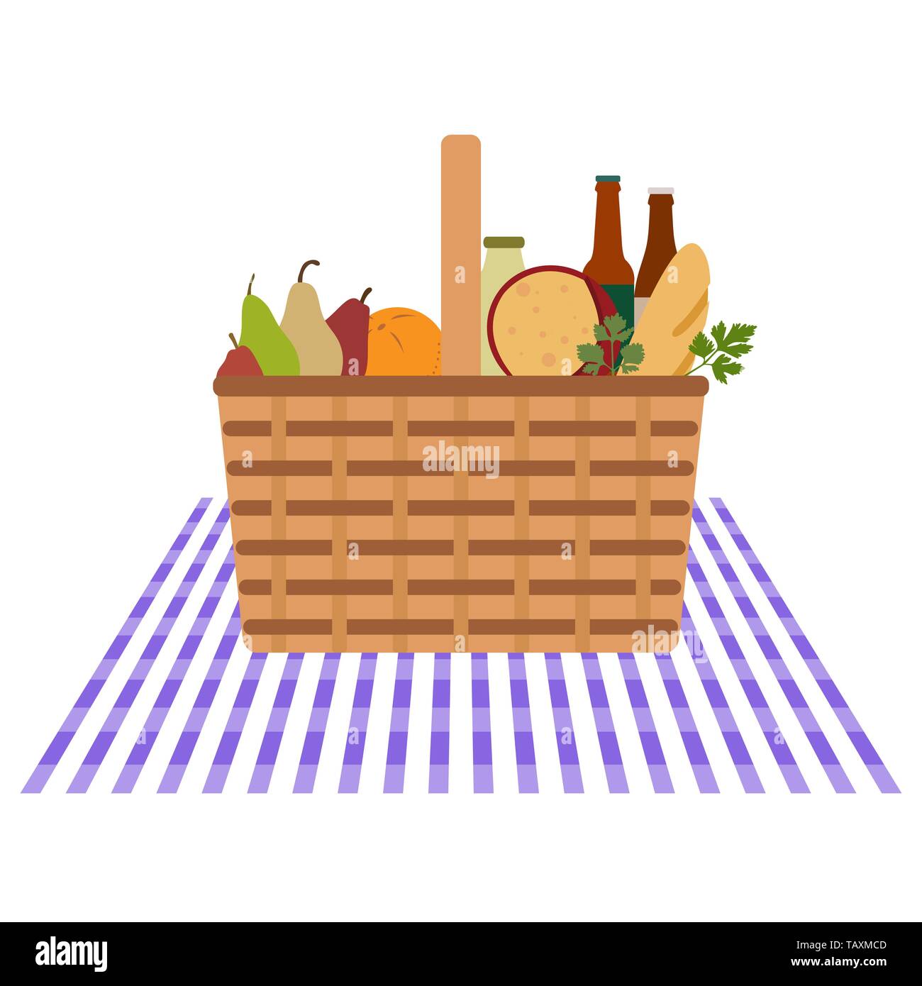 Vector illustration with wicker picnic basket with food and drink ...
