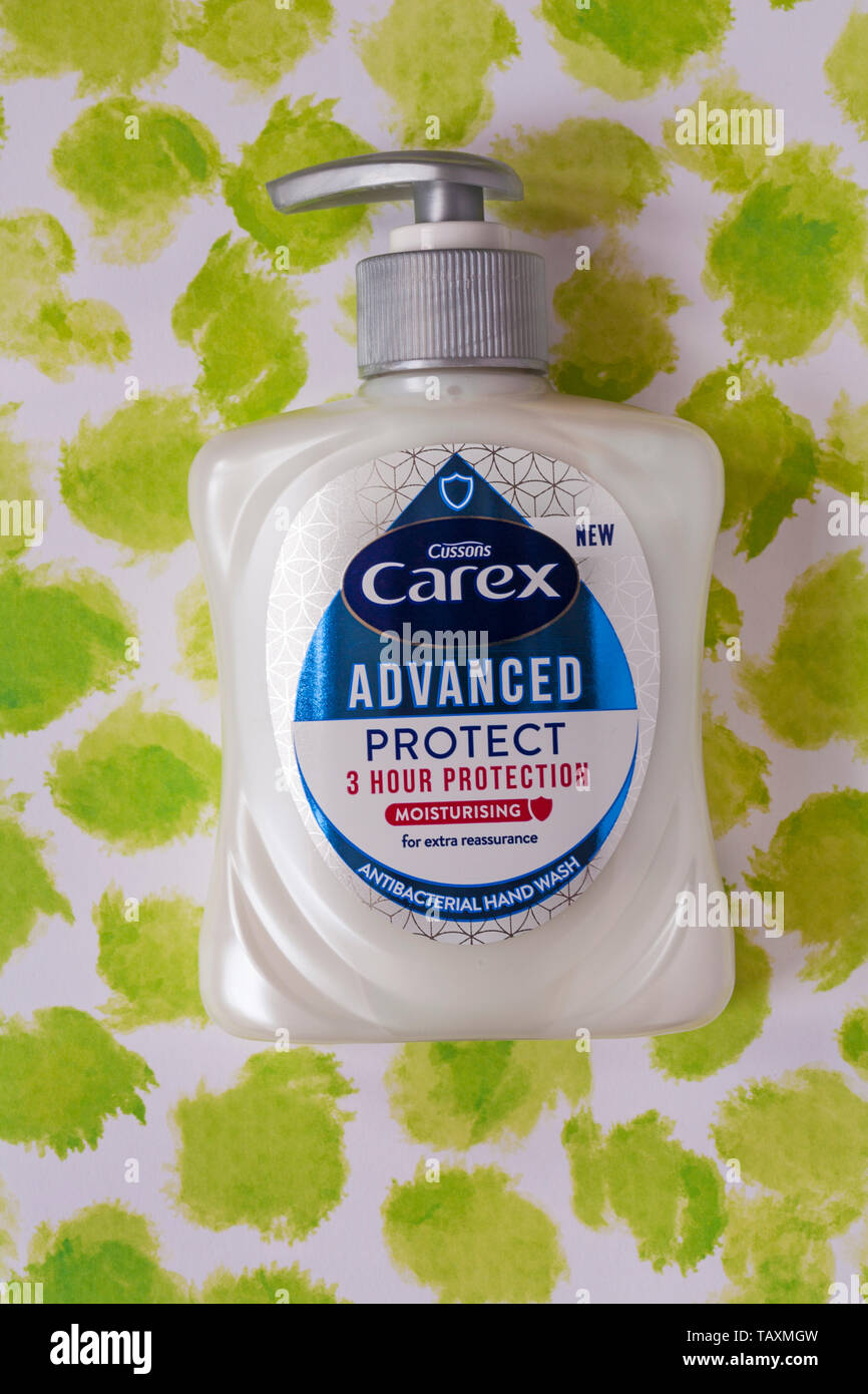 Cussons Carex advanced protect antibacterial hand wash 3 hour protection  moisturising for extra reassurance - handwash on patterned background Stock  Photo - Alamy