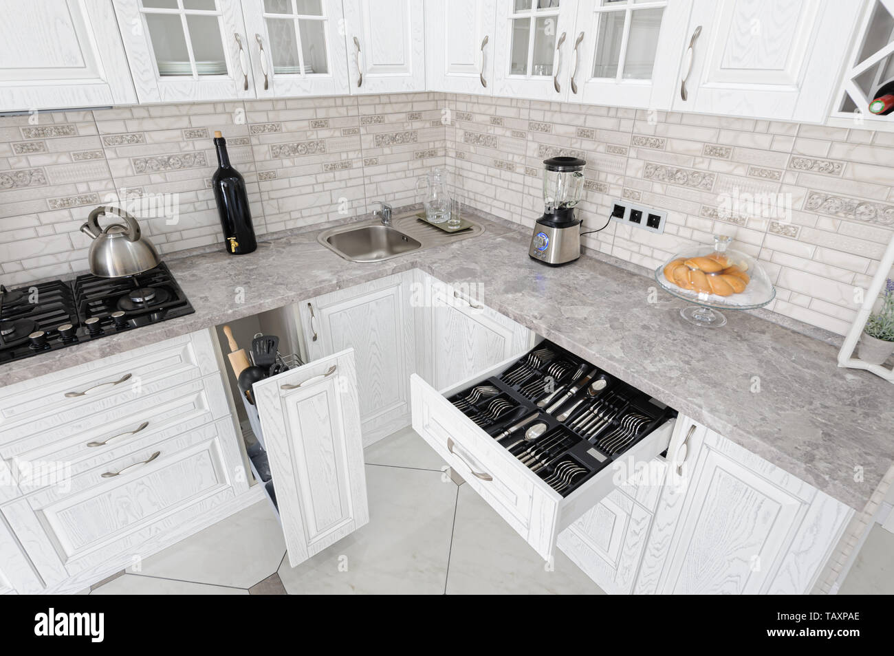 modern white wooden kitchen interior Stock Photo Alamy