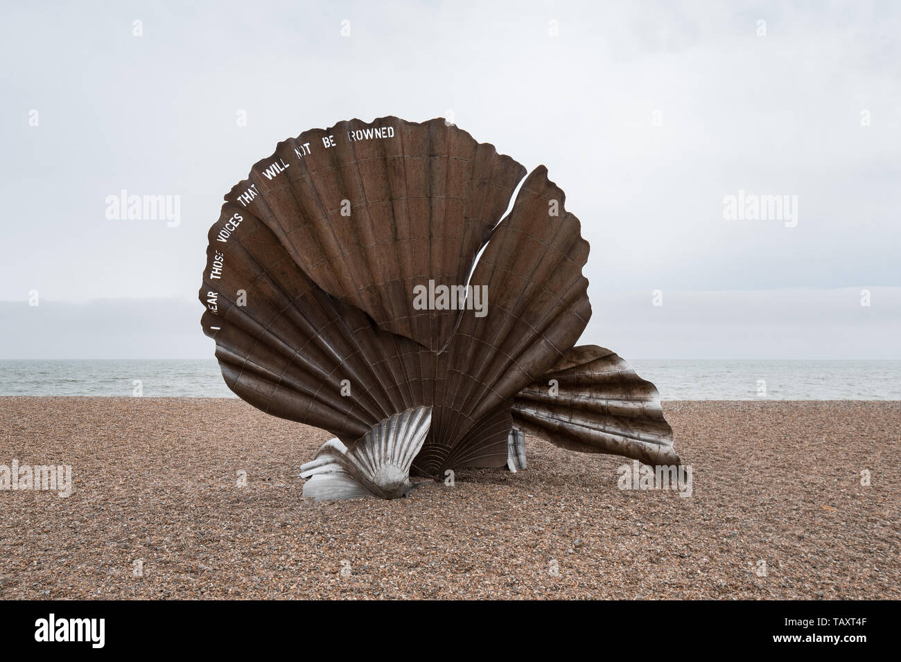 Scallop - a memorial to Benjamin Brittan - by Maggi Hambling - on Aldeburgh beach, Suffolk, England, UK Stock Photo