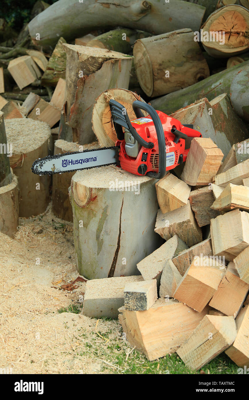 Chain saw and wood Stock Photo
