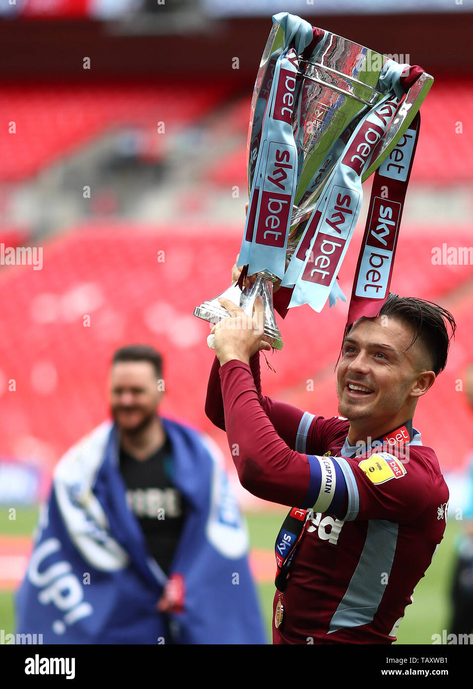 Jack Grealish of Aston Villa celebrates with the trophy - Aston Villa v Derby County, Sky Bet Championship Play-Off Final, Wembley Stadium, London - 27th May 2019  Editorial Use Only - DataCo restrictions apply Stock Photo