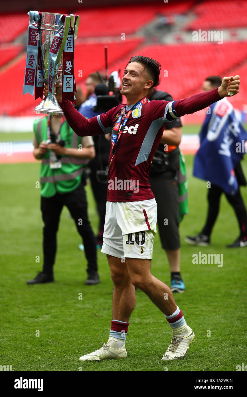 Jack Grealish of Aston Villa celebrates with the trophy - Aston Villa v Derby County, Sky Bet Championship Play-Off Final, Wembley Stadium, London - 27th May 2019  Editorial Use Only - DataCo restrictions apply Stock Photo