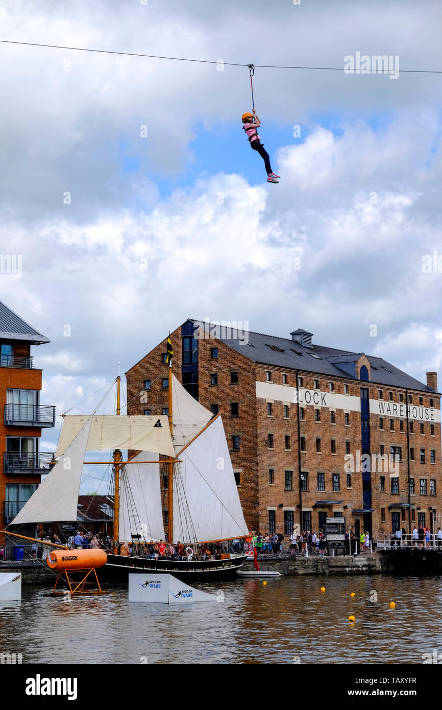 Gloucester Tall Ships Festival 2019 Riding the zip wire Stock Photo