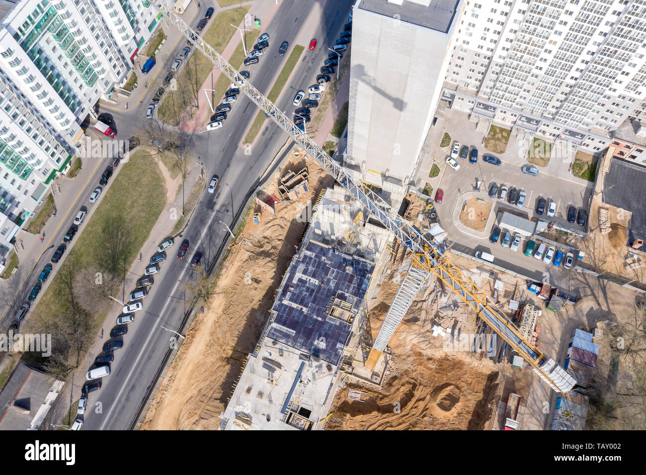 birds eye view of apartment building under construction. aerial panoramic view of urban area Stock Photo