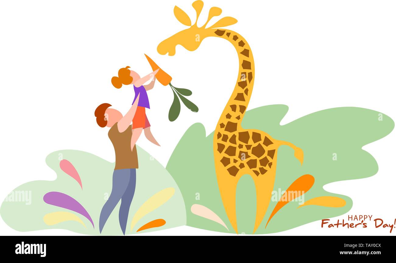 Father lifting up his daughter to feed giraffe. Happy fathers day card. Flat style. Vector illustration Stock Vector