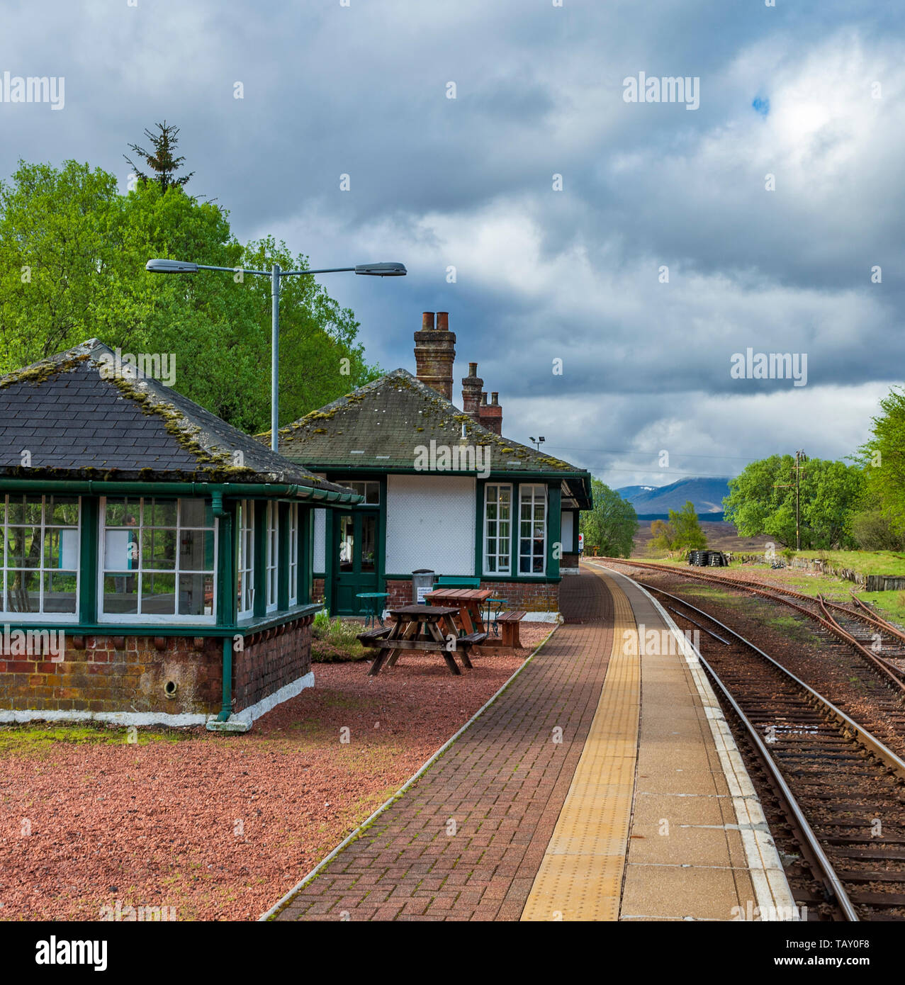Rannoch Station, Perth and Kinross, Scotland, United Kingdom - One of the most remote railway stations in the British Isles on the edge of Rannoch Moor, Scotland Stock Photo