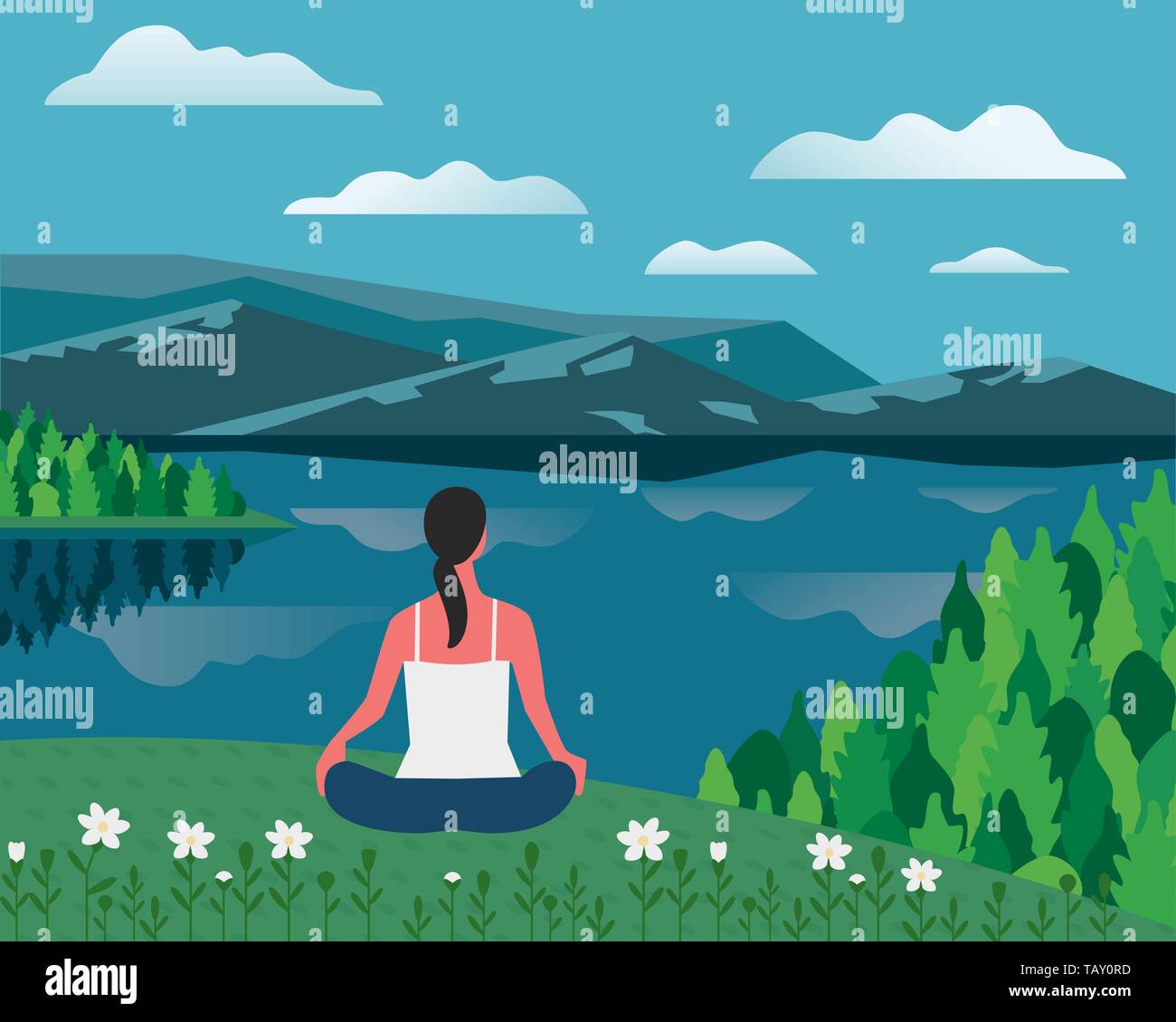 Girl exercising yoga on nature flat color vector Stock Vector