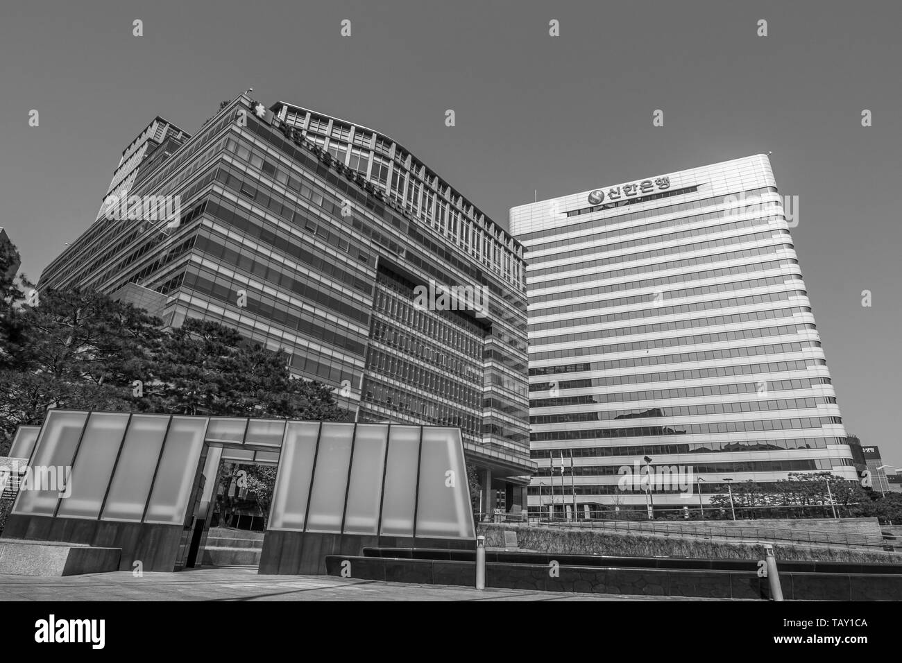 Seoul, South Korea - March 2018: buildings with offices for financial business. Black and white. Stock Photo