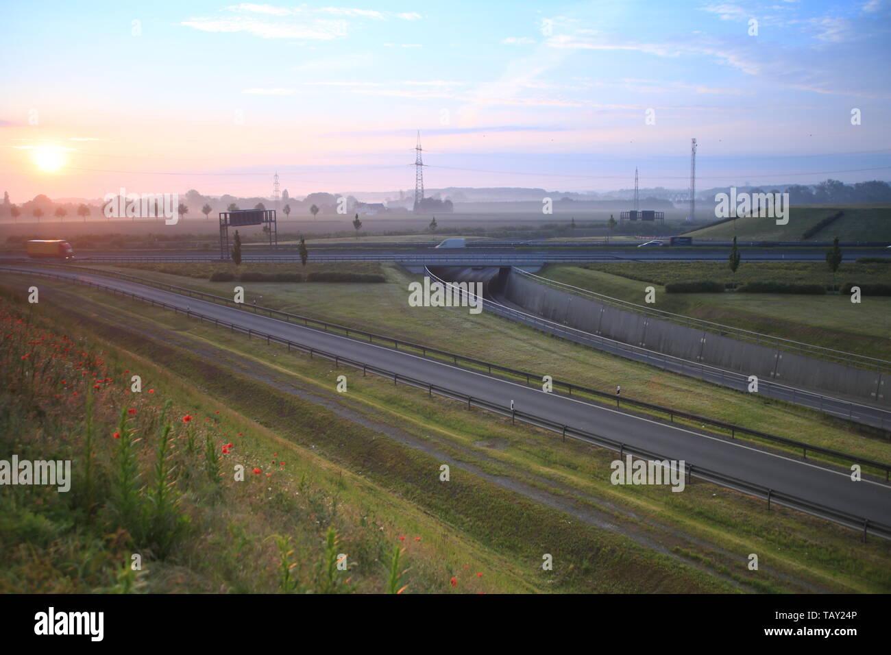 Sunrise Germany Summer.North Rhine-Westphalia.Transport.Autobahn A1,A2.Dortmund,Hamm,Essen Stock Photo