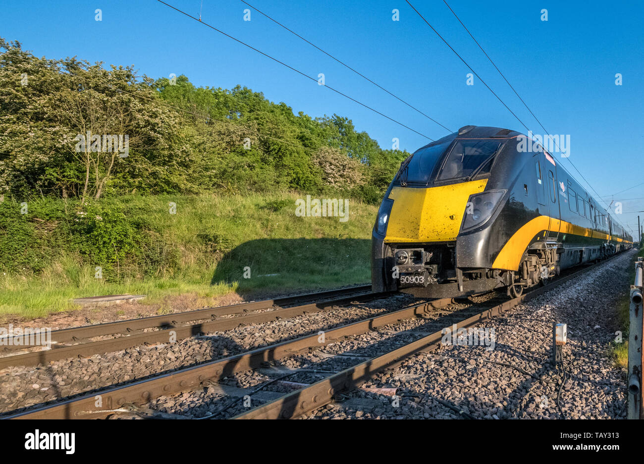 Class 180/1 diesel electric train operating on the East Coast Mainline by Grand Central Railway. Stock Photo