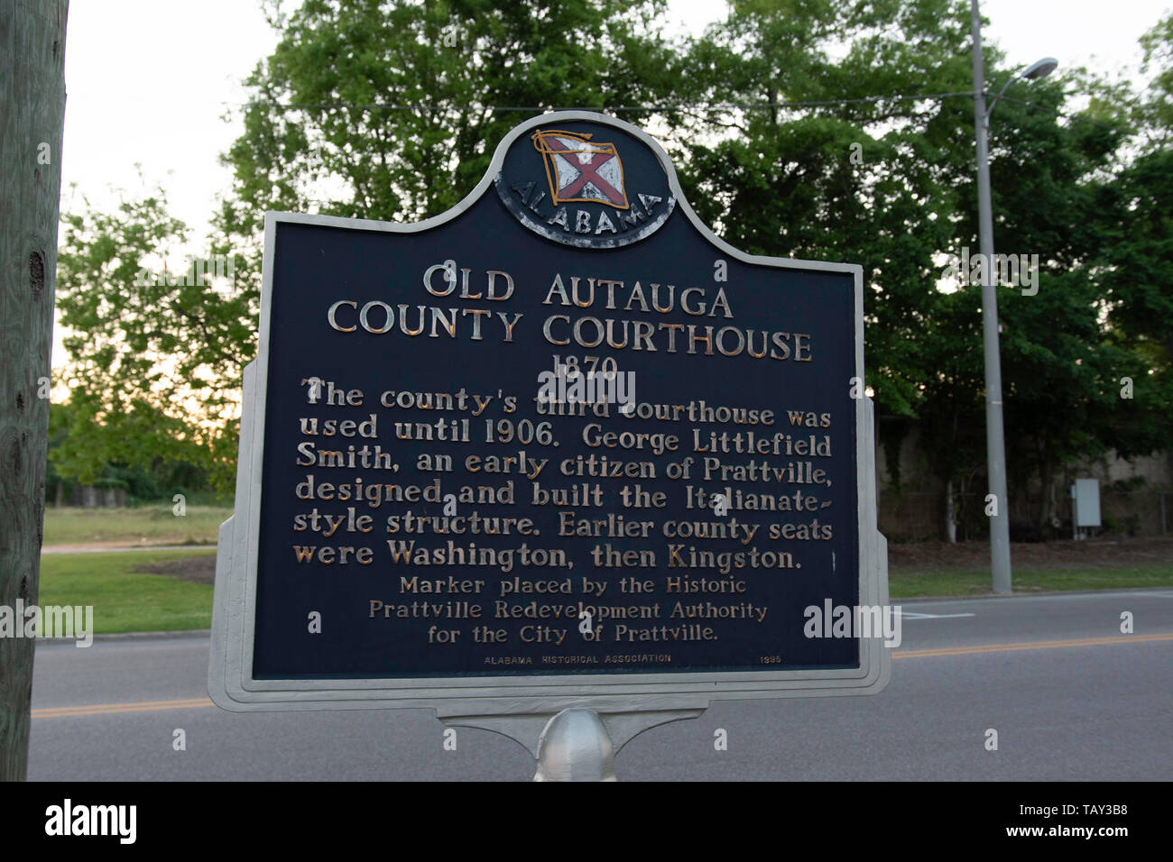 Prattville, Alabama/USAMay 2, 2019 Historical marker for the old
