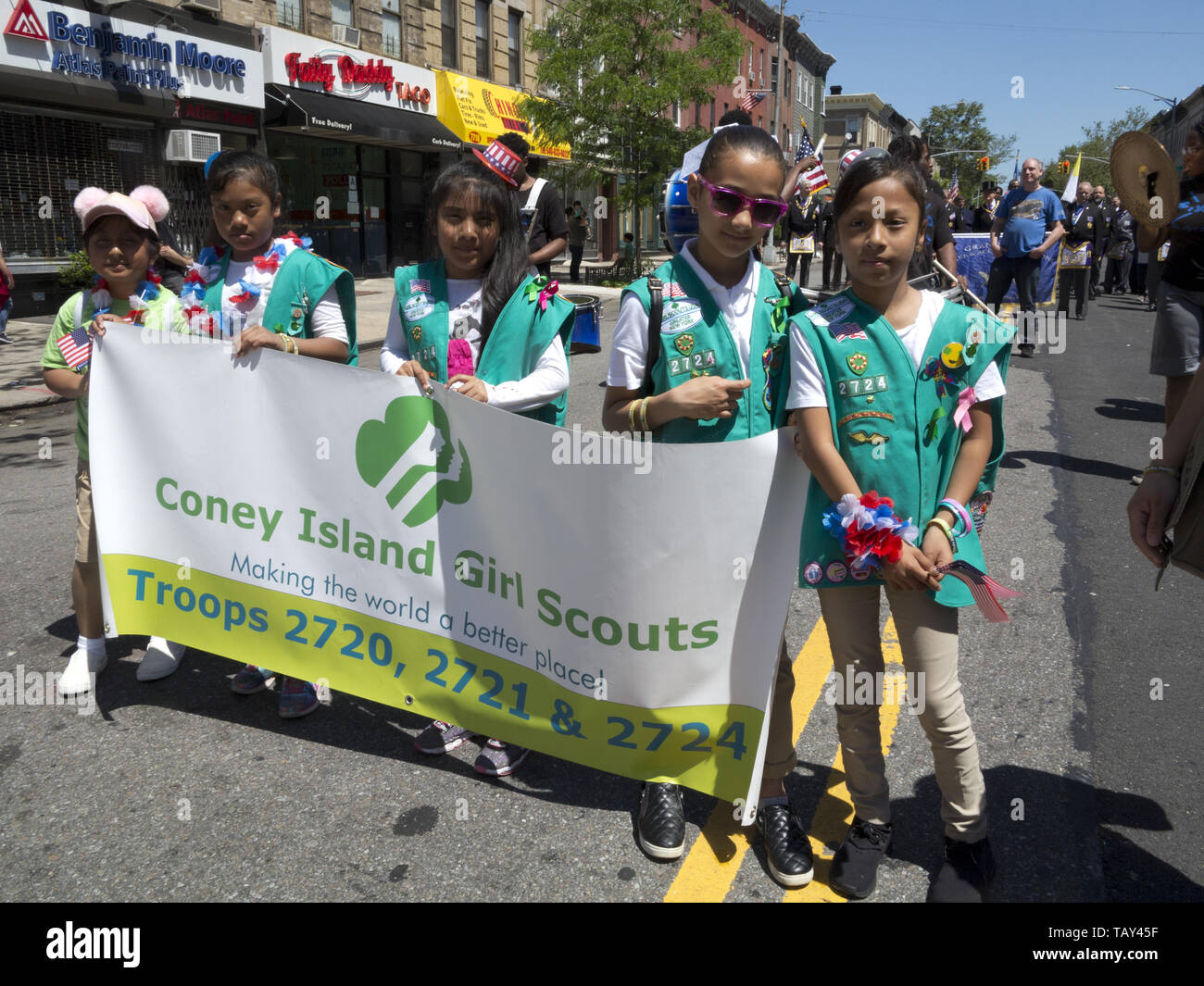 Girl Scout troop marches in the Kings County 152nd Memorial Parade in the Bay Ridge section of Brooklyn, NY, May 27, 20019. Stock Photo