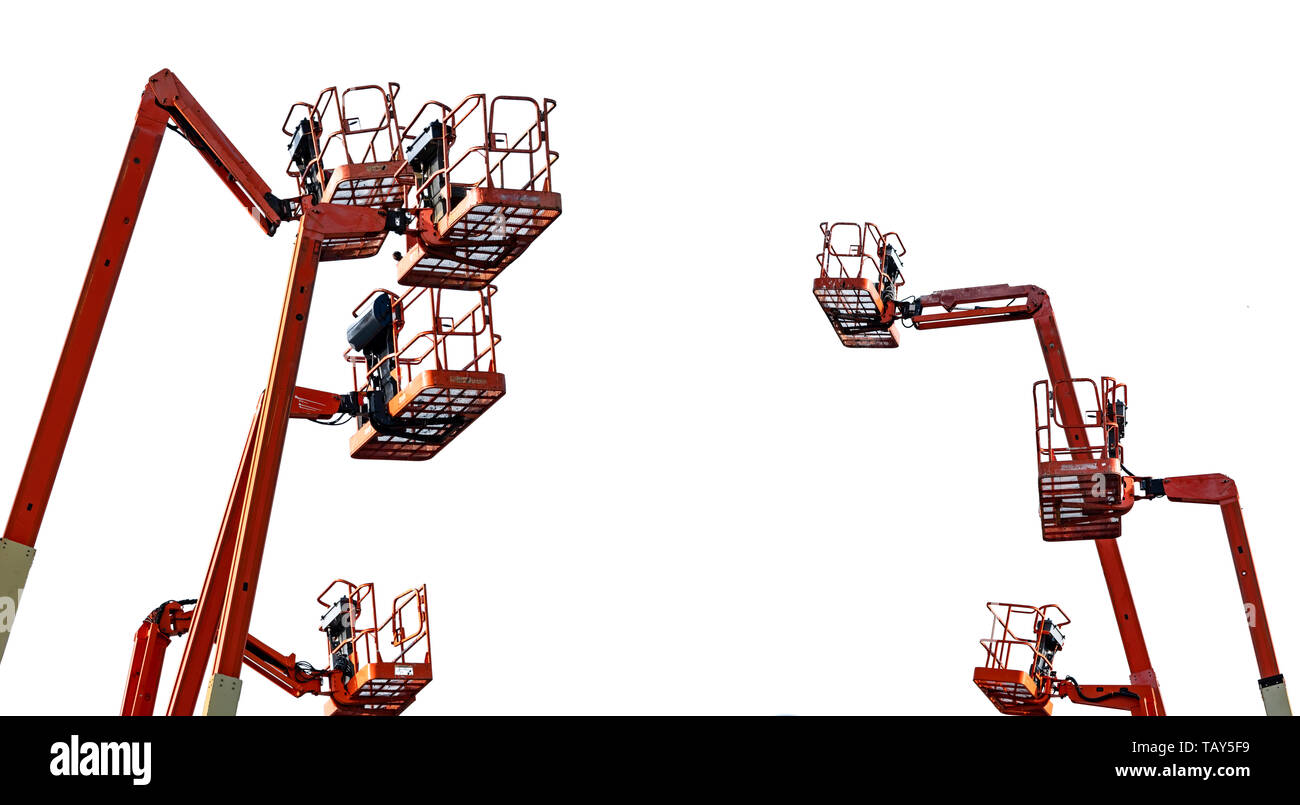 Orange articulated boom lift. Aerial platform lift. Telescopic boom