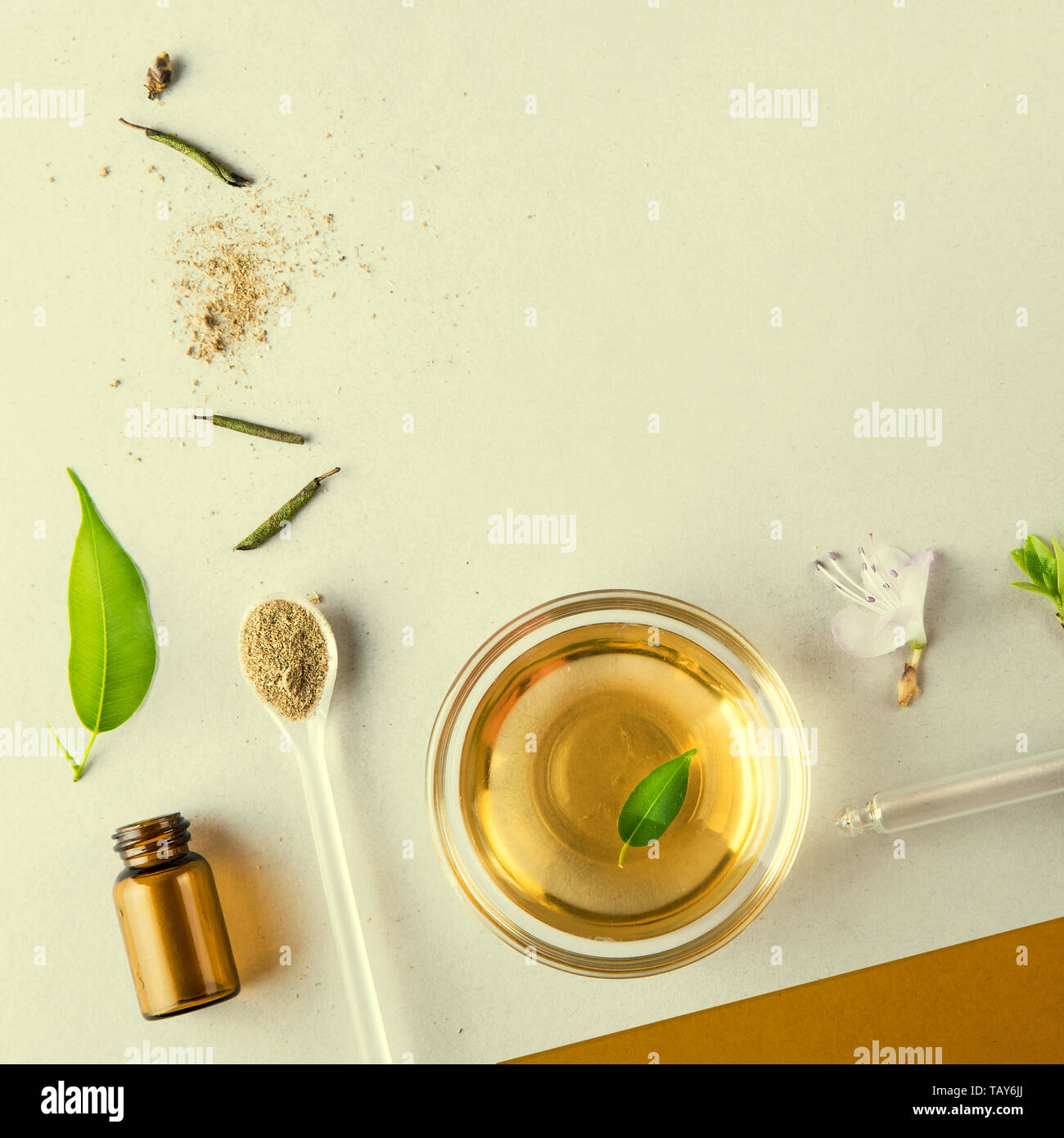 The minimal style. Natural cosmetics, handmade skin and body care. Natural oil and vegetable ingredients. Flat lay Stock Photo
