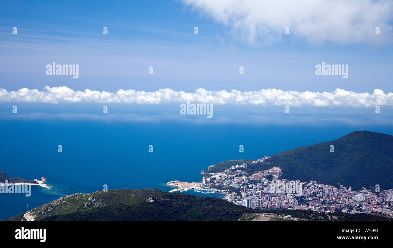 City on the sea of Budva, Montenegro. Views from the air. Stock Photo
