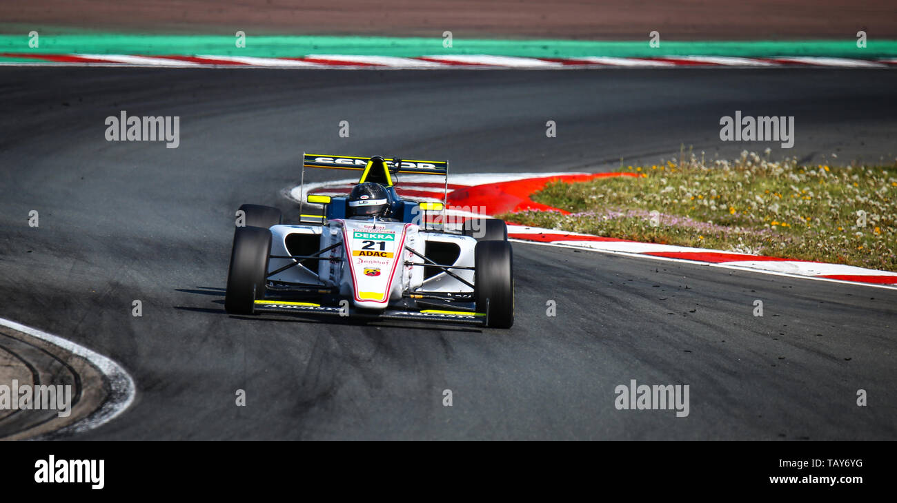 Oschersleben, Germany, April 26, 2019: Theo Pourchaire driving a white US Racing CHRS single-seater car during German Formula 4. Stock Photo