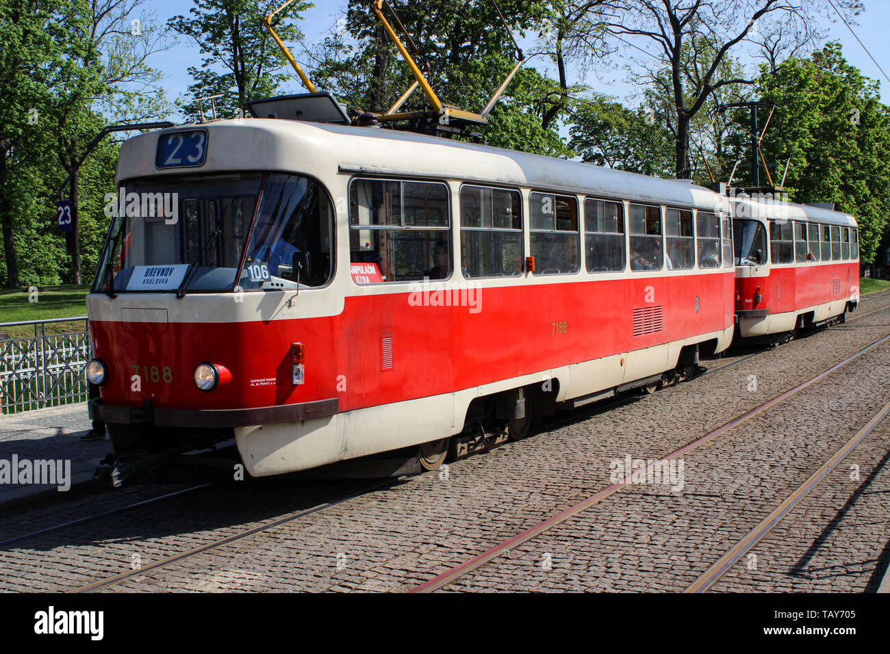 Heritage streetcar, tram T3 of line 23 in Malovanka in Prague, Czech Republic Stock Photo