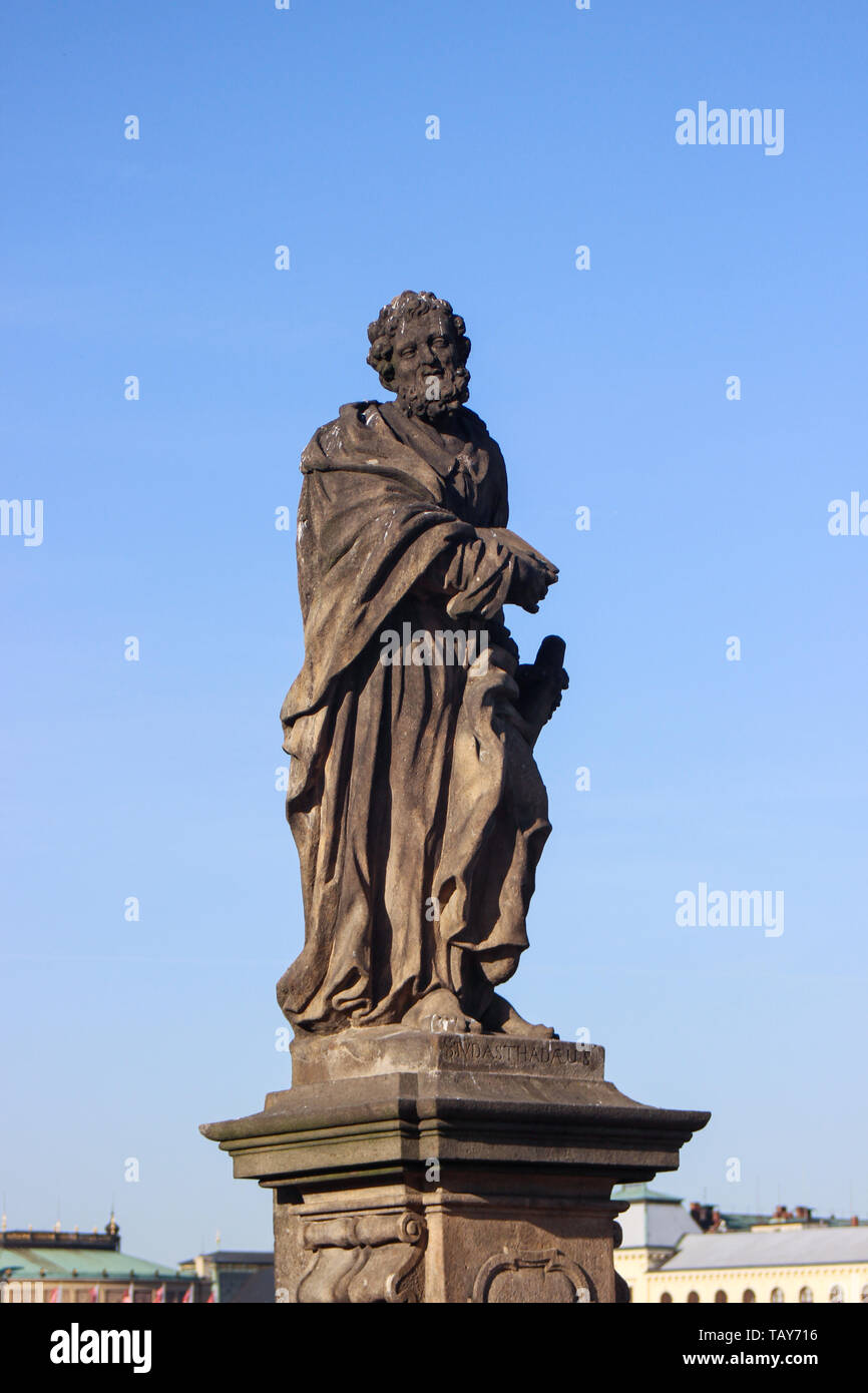 The statue of Jude the Apostle by Jan Oldřich Mayer (1708), installed on the north side of the Charles Bridge in Prague, Czech Republic Stock Photo