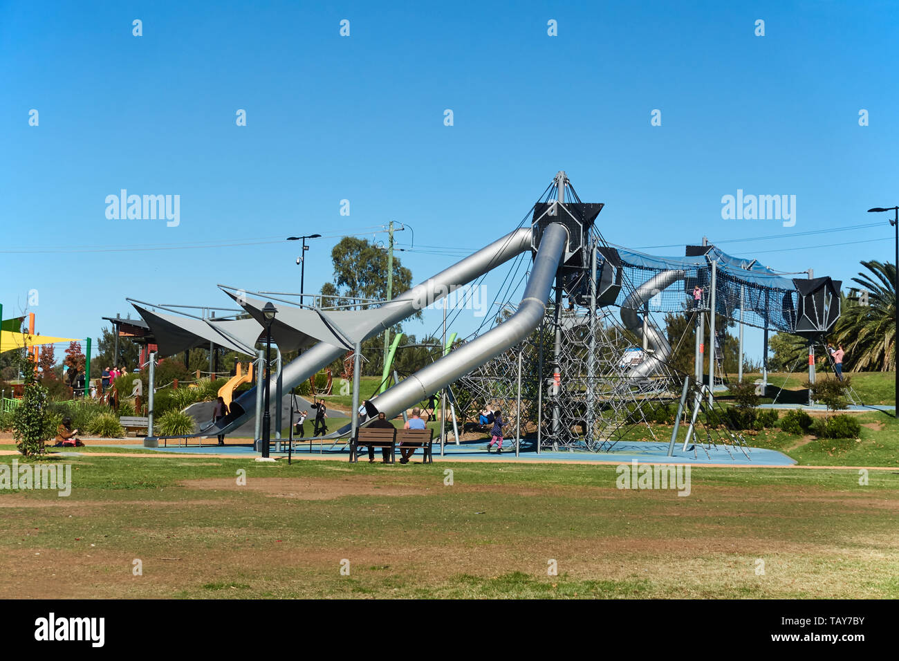 The Skywalk in the children's playground at Bicentennial Park Tamworth NSW Australia. Stock Photo