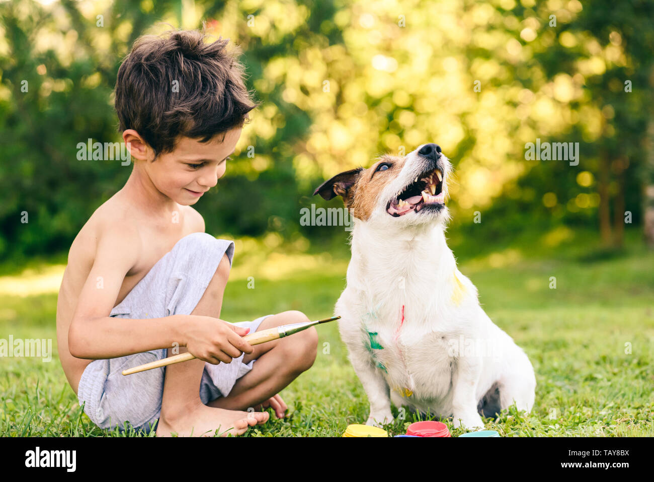 Kid boy preparing dog for carnival painting makeup on coat Stock Photo