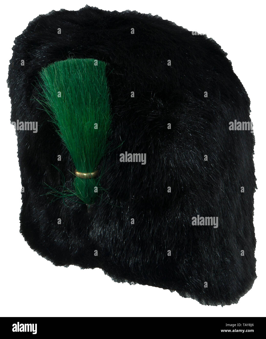 A British skin cap, Black leather body, long black bear fur, leather lined gold chinstraps, worn leather liner, green bush with gold ring, size 6 3/4, interior with maker's mark 'Hobson and Sons London', dated 1914. USA-lot. historic, historical 20th century, Additional-Rights-Clearance-Info-Not-Available Stock Photo