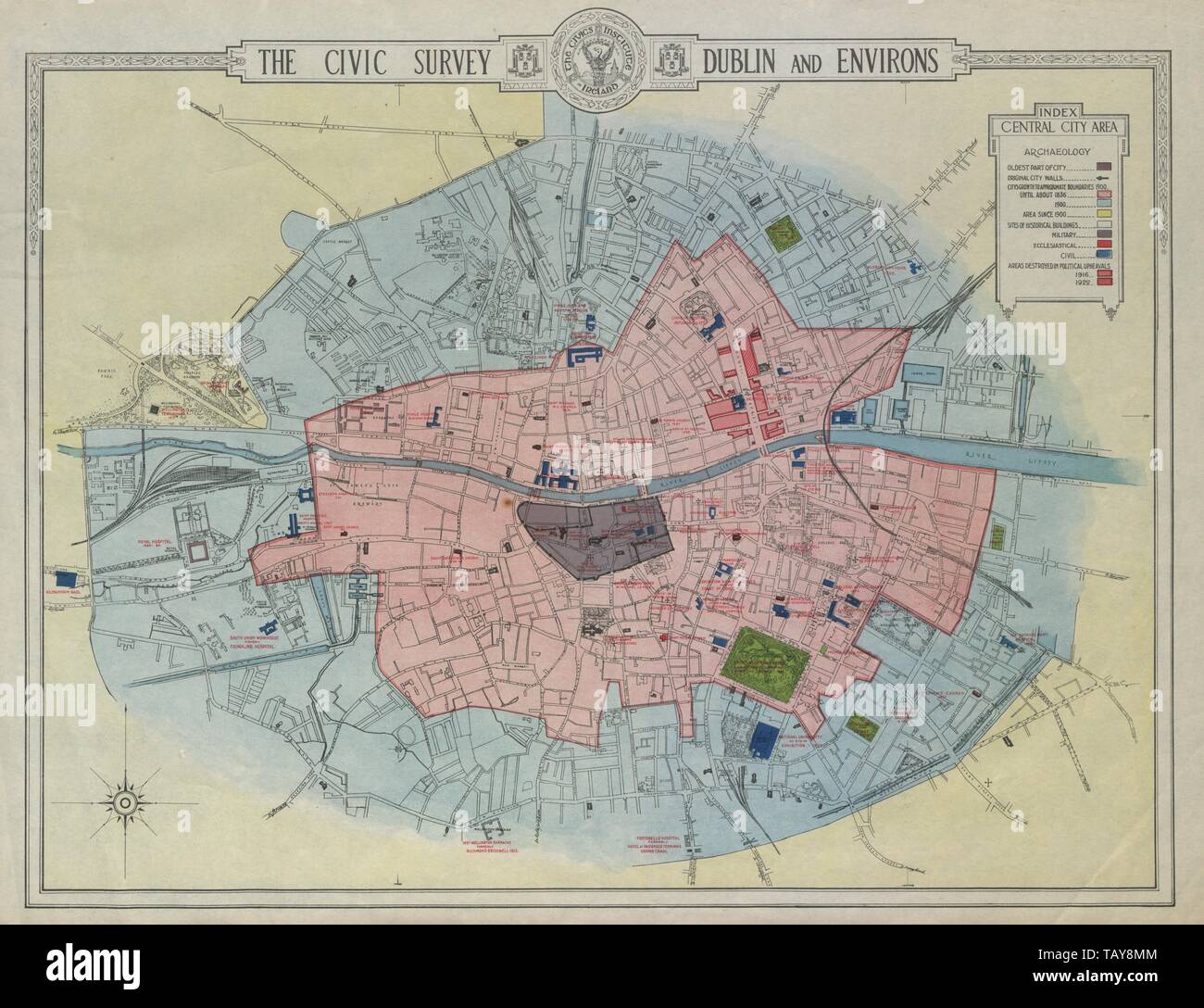 DUBLIN CIVIC SURVEY Archaeology. Growth from 1900. Historic buildings 1925 map Stock Photo